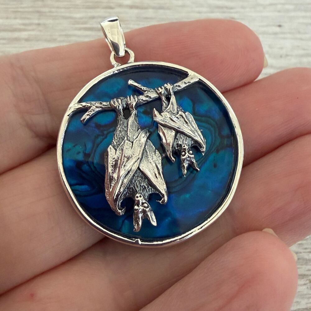 Sterling Silver Two Bats Medallion Pendant-Blue Abalone Shell